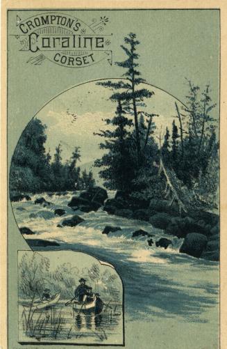 Illustration of a scene with a rushing river; there are large rocks in the water and pine trees…