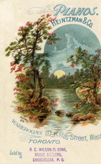 Illustration of a serene scene of a body of water with trees at either sunrise or sunset or wit…