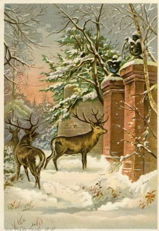 Illustration of a wintery scene with three male deer. They are standing in front of a brick ent…