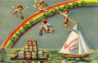 Illustration of four cherubs in the sky, holding paint cans and brushes and painting a rainbow …