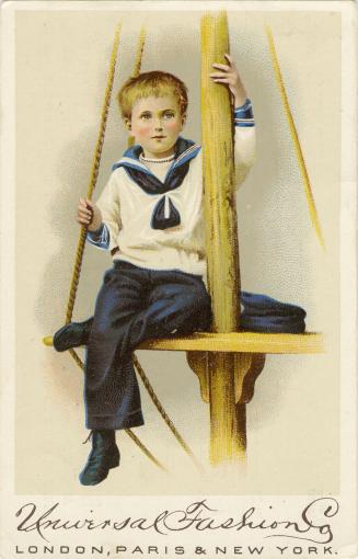 Illustration of a boy with rosy cheeks and dark blond hair wearing a sailor's suit and sitting …