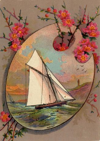 Illustrated image of a painter's palette with the image of a sailboat painted on it. The boat i…