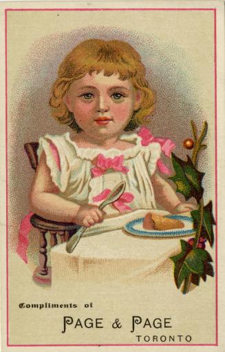 Illustration of a little girl with dark blond wavy hair, wearing a white dress decorated with p…