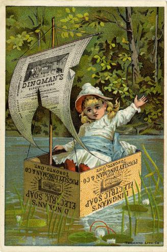 Illustration of a young girl floating down a river in a boat made out of a soap box and the sai…