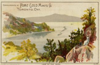 Illustration of scene at Lake of the Isles in New York state. The land surrounding the lake is …