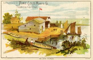 Illustration of a scene along the shores of Lake Huron. There are a few houses and a couple of …