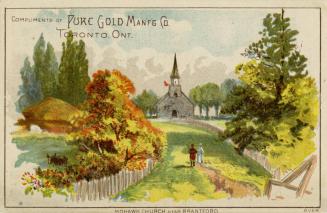 Card features a picturesque scene of two people walking on a path toward Mohawk Church near Bra…