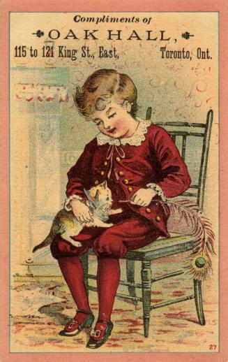 Illustration of a young boy sitting on a chair wearing a red Fauntleroy suit. There is a kitten…