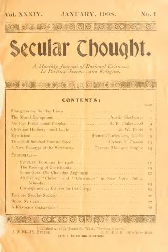 Secular thought, a monthly journal of rational criticism in politics, science and religion, 1908