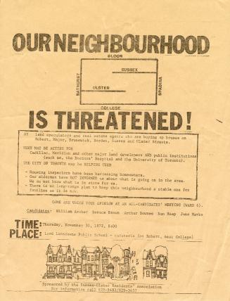 Poster features a map of the Harbord Village area and an illustration of some houses, and inclu ...