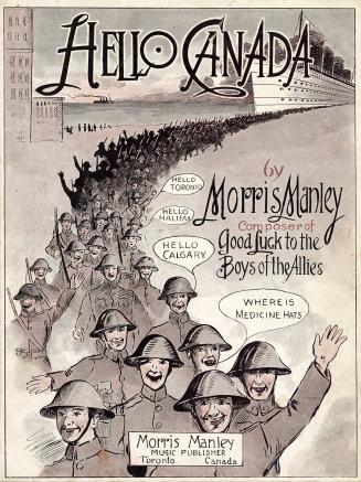 Cover features: title and composer information; drawing of a line of veterans in uniform disemb…