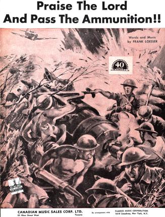 Cover features: title and composer information; drawing of soldiers under fire in an active bat…