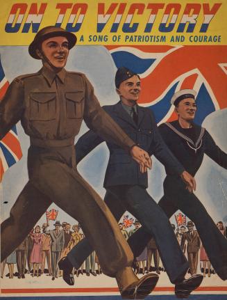 Cover features: title and composer information; drawing of three uniformed members of the Army,…