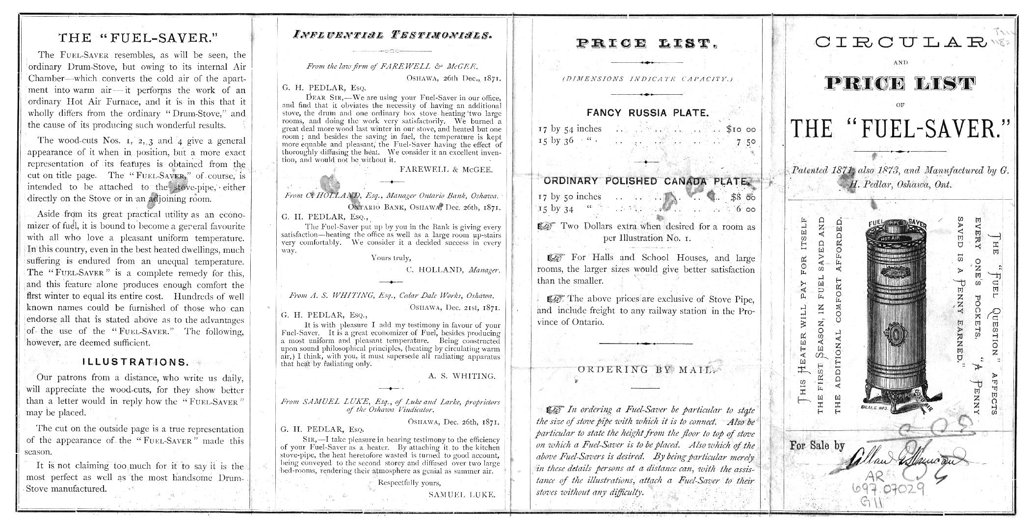 Illustration of heating apparatus in center, black text in varied font type gives information a ...