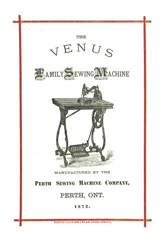 Cover has illustration of Venus sewing machine in centre, with text in varied font above and be…