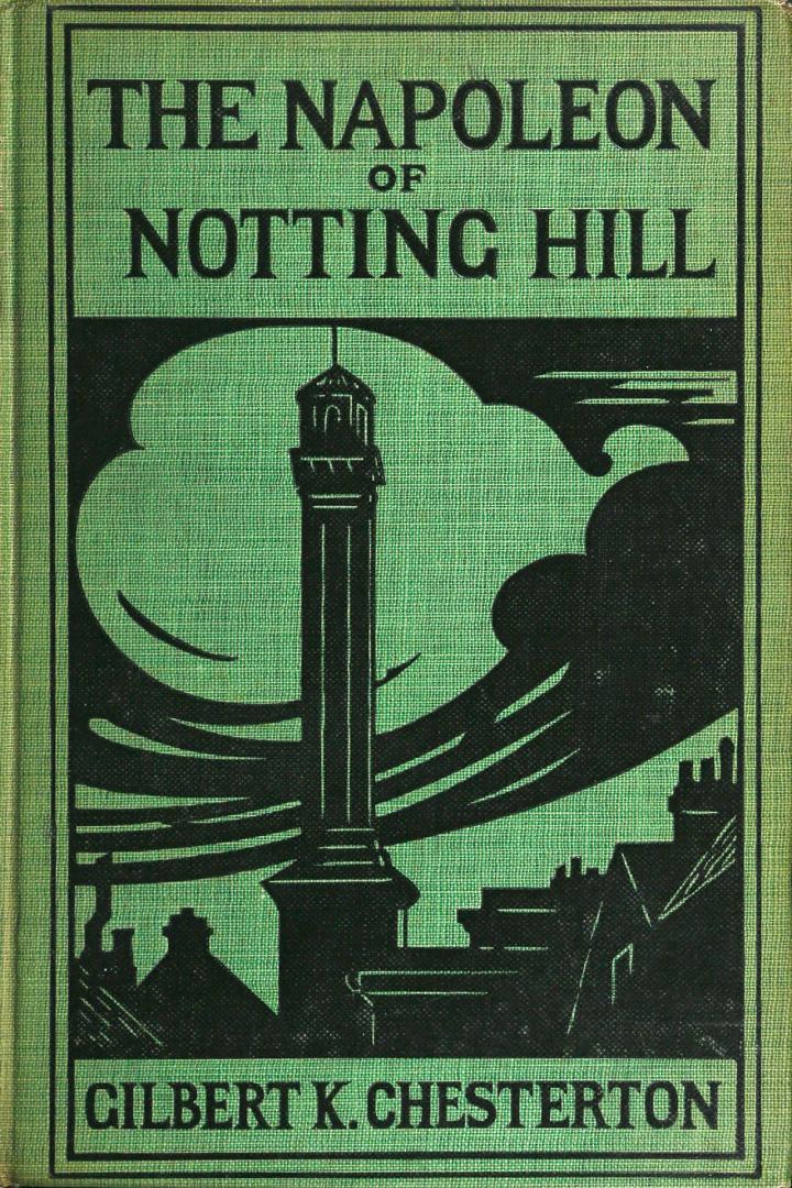 Green fabric cover depicting black roofs and a tall bell tower in front of roiling clouds. 