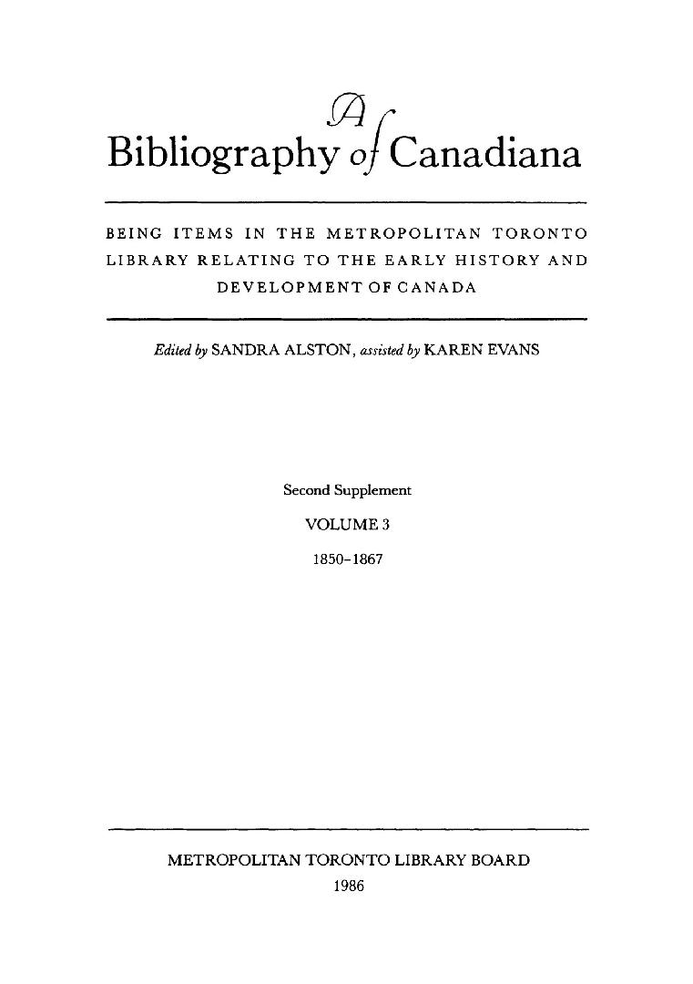 A bibliography of Canadiana. Second supplement. Volume 3, 1850-1867