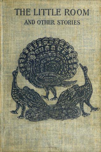 Black illustration of a peacock with its tail fully fanned and two peahens on a woven grey clot…