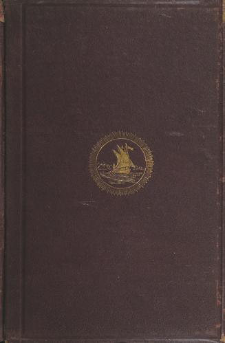 Illustration in gold of a sailboat on an ocean, ringed by a sunburst, on a dark brown book cove…