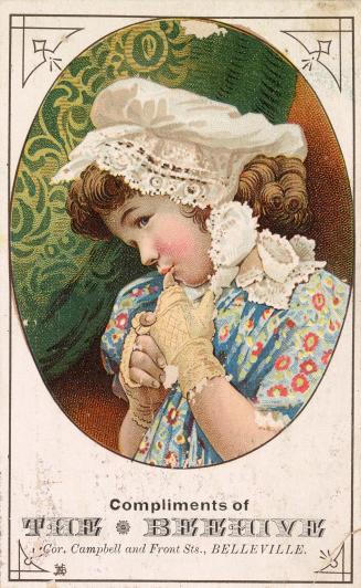 Girl wearing a bonnet --Compliments of  THE BEEHIVE