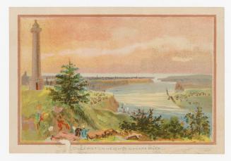 Colour card advertisement. Front of card depicts an illustration of the view from Queenston Hei…