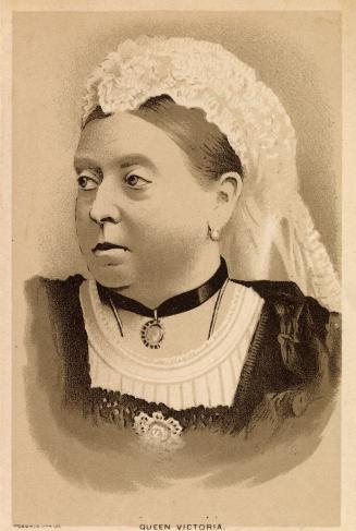 Black and white card advertisement. Front of card depicts an image of Queen Victoria looking sl…