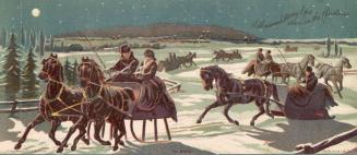 A Christmas card depicting people riding horse-drawn sleighs, with text stating, &quot;A thousa…