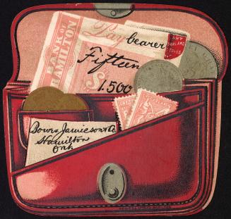 Colour card advertisement depicting an illustration of a red open wallet with some currency ins…