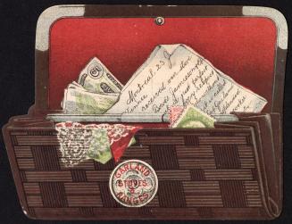 Colour card advertisement depicting an illustration of an open brown wallet with currency and a…