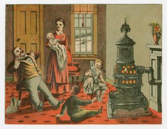 Colour card advertisement of a family enjoying time around the coal stove. The back of the card…