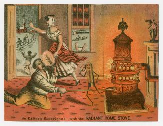 Colour card advertisement of a man poking a coal stove in the living room. The back contains te…