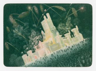 Colour trade card depicting a castle lit up at night with fireworks going off around it. The ba…