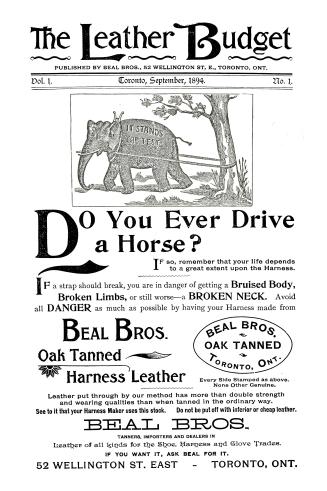 Cover features: advertising copy for the Beal Brothers leather company with a drawing an elepha…