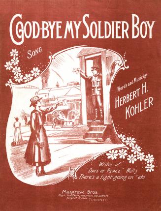 Cover features: title and composition information; drawing of woman and soldier on train waving…