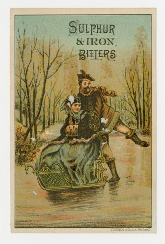 Colour card advertisement depicting a woman being pushed on a sled by a man, possibly on ice. T…