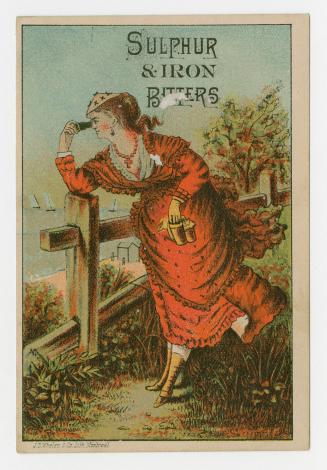 Colour card advertisement depicting a woman in a red dress peering through binoculars. The back…