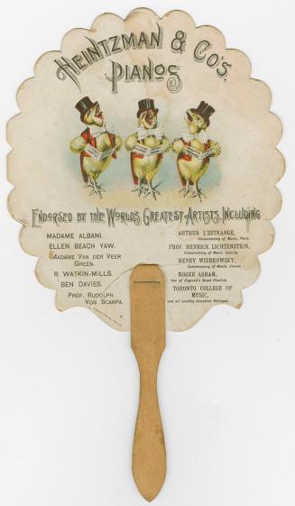 Cartoonish illustration of three singing chicks holding sheet music, and wearing top hats, coat ...