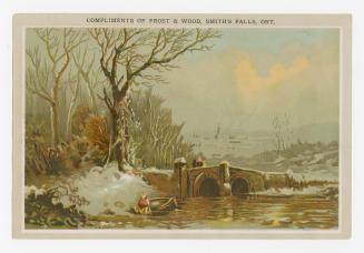 Colour trade card depicting a river's edge with a small bridge and canoe in the foreground. Tex…