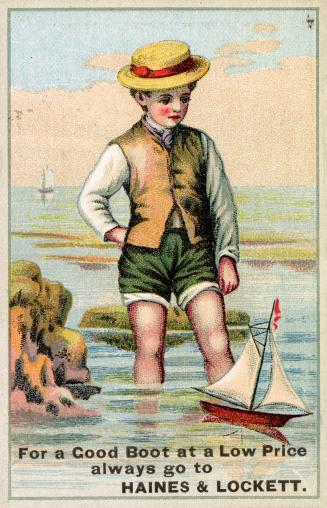 Colour trade card advertisement depicting an illustration of a boy standing in a lake, fully-cl…