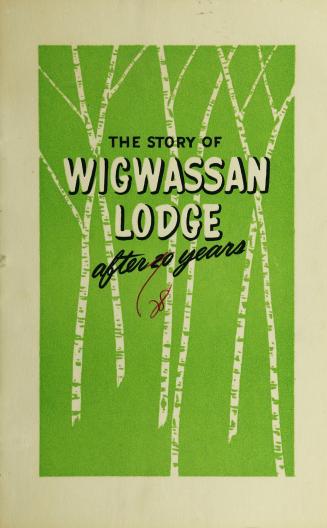 Booklet about Wigwassan Lodge with green cover and birch trees. 