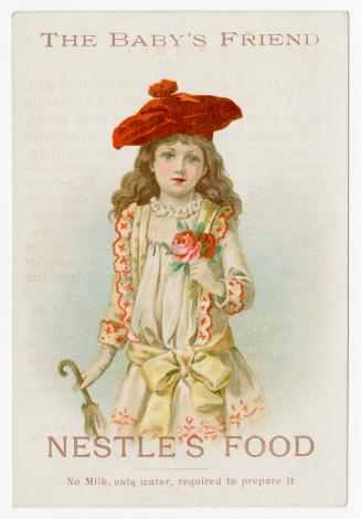 Colour trade card advertisement depicting an illustration of a young lady in a red hat holding …