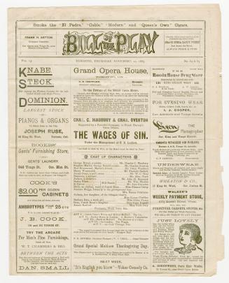 Grand Opera House program for "The wages of sin", playing November 12, 1885 (black ink on uncol…