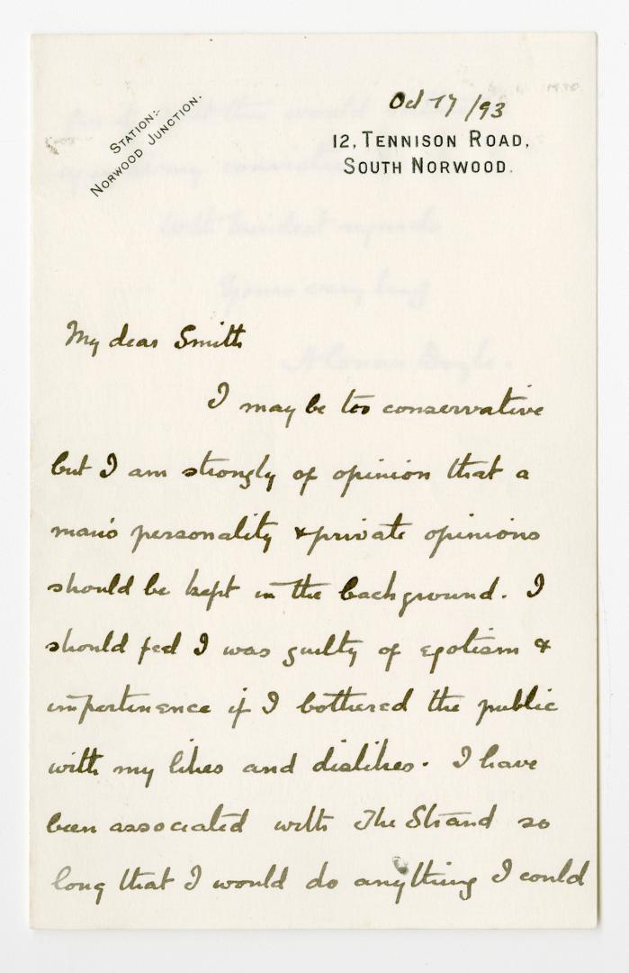 Manuscript letter in Arthur Conan Doyle's handwriting. 