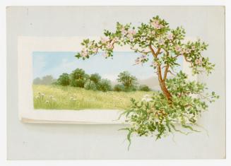 Colour trade card advertisement depicting a grassy nature scene and a cherry blossom tree. Ther…