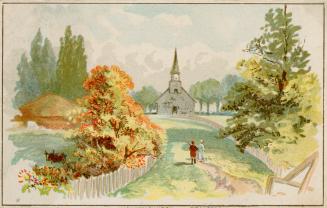 Colour trade card advertisement depicting a church in the countryside. The back of the card has ...