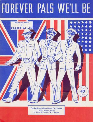 Cover features: title and composition information; central drawing of three soldiers with arms …