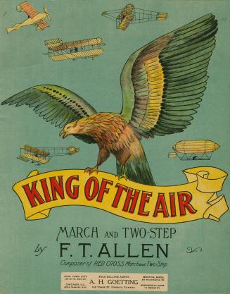 Cover features: title on a banner held aloft by an eagle, surrounded by images of airplanes and…