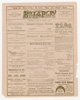 Grand Opera House program for "Monsieur" by Richard Mansfield staged November 4, 1887, and "Dr.…