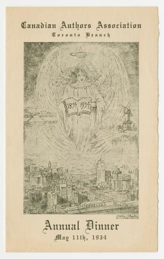 Sketch of downtown Toronto buildings with an angel hovering above. The angel is holding an open…