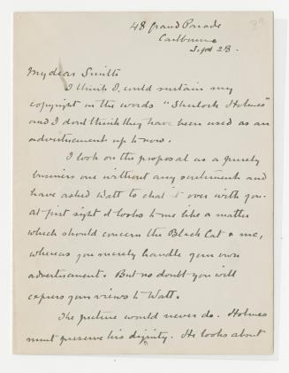 Manuscript letter in Arthur Conan Doyle's handwriting. 